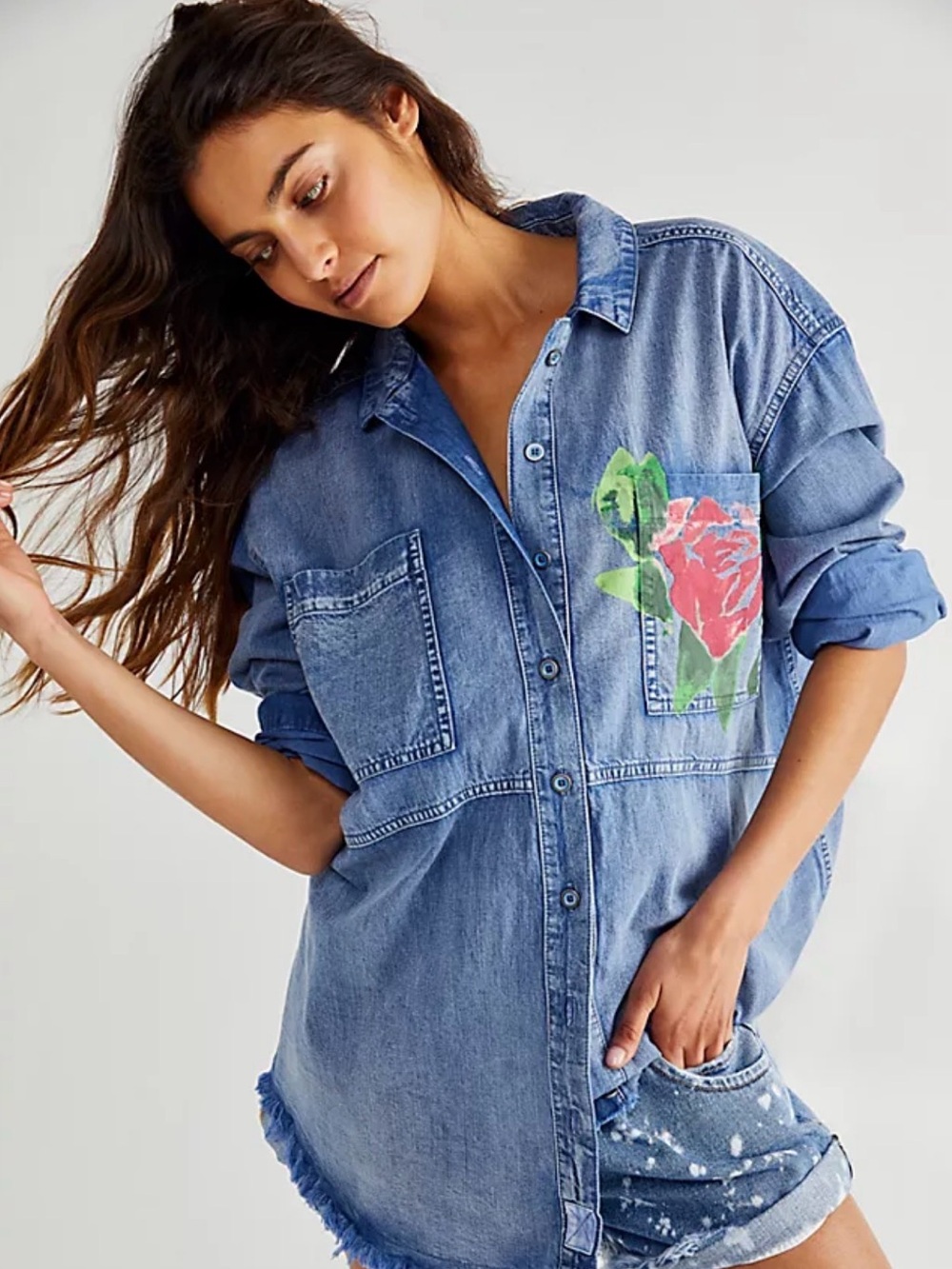Free People Heavyweight Denim Painted Button-Up Shirt with Floral Pocket